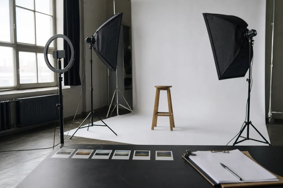 Puste studio fotograficzne rano, biała cyklorama, dwa softboksy, statyw z telefonem i stół z polaroidami i podkładką z regulaminem