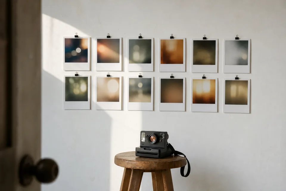 Biała ściana studia z rzędami polaroidów i aparat natychmiastowy na drewnianym stołku