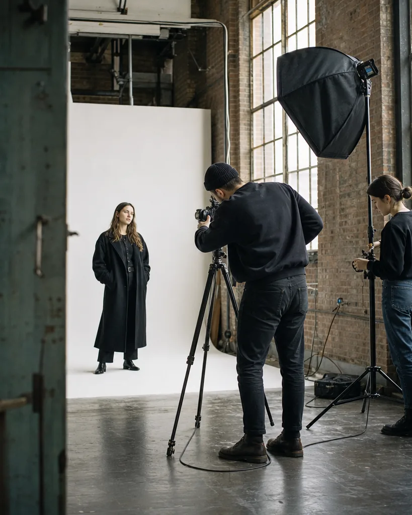 Sesja w studiu, fotograf z aparatem na statywie i dorosła modelka w czarnym płaszczu na białym tle