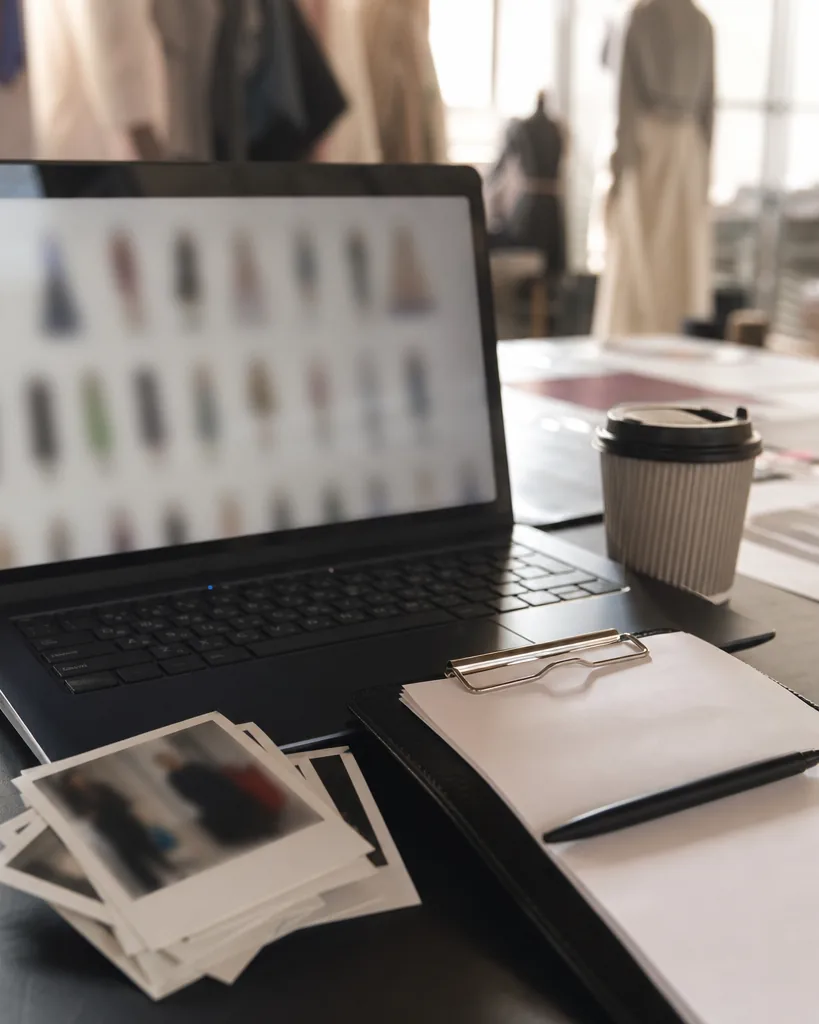 Laptop z rozmytymi miniaturami zdjęć, polaroidy i podkładka z kartką na stole, bez ludzi